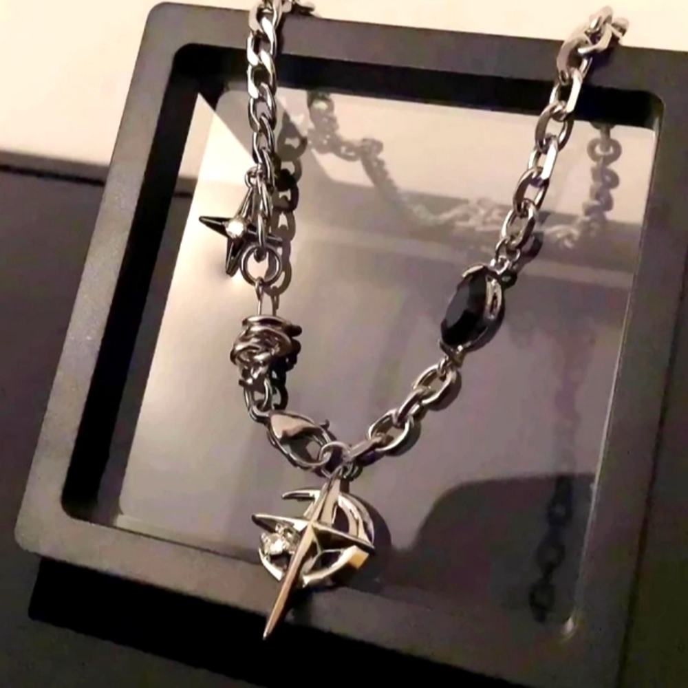 Moon & Star Pendant Necklace Unisex Silver Stainless Steel - Picture 2 of 9